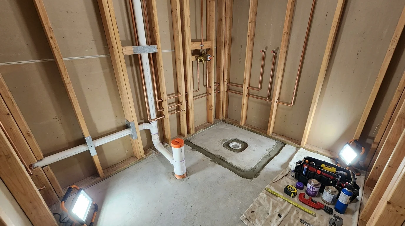 Bathroom rough-in plumbing during remodel by Johns Plumbing LLC in Granite City