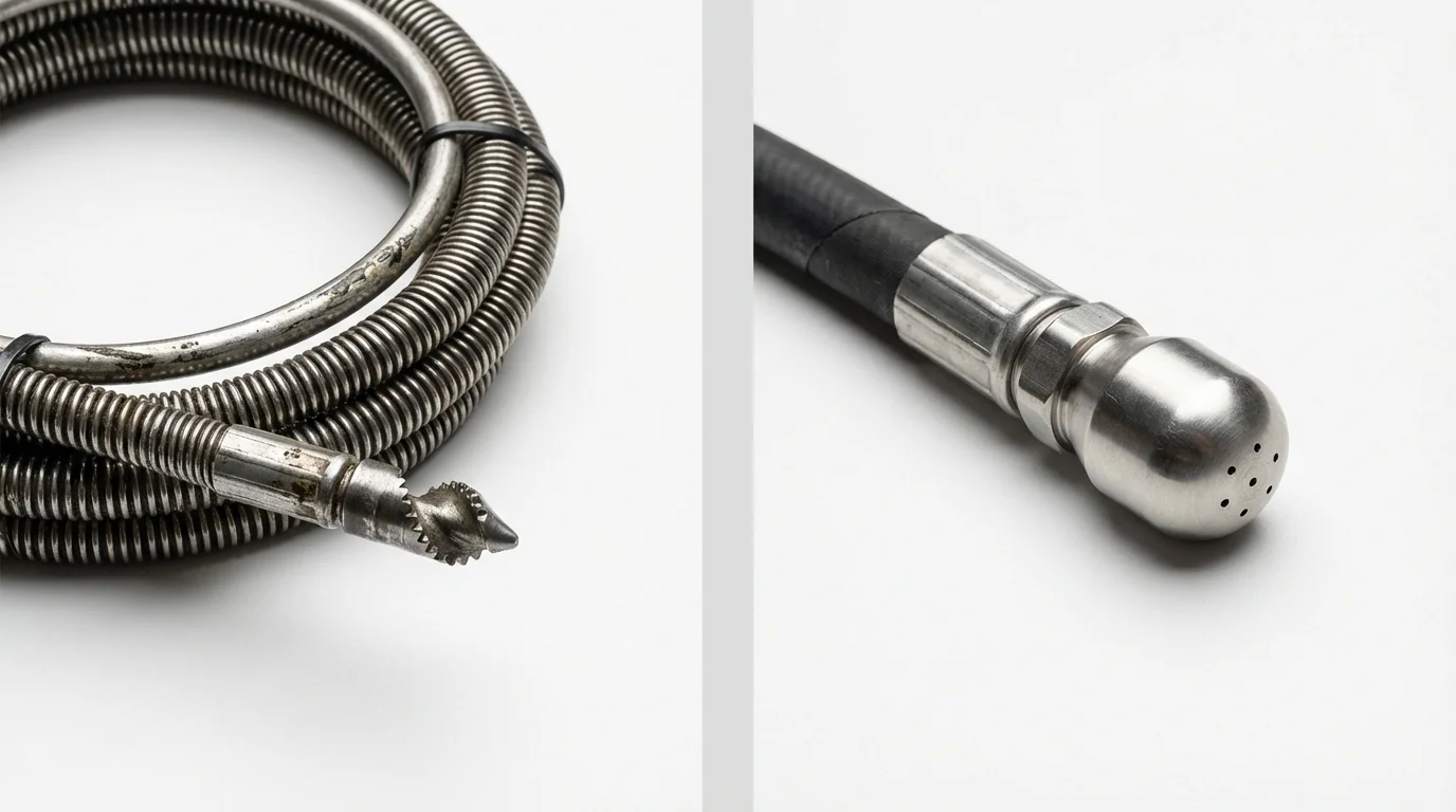 Drain snake cable and hydro jetting nozzle used for drain cleaning in Granite City, IL