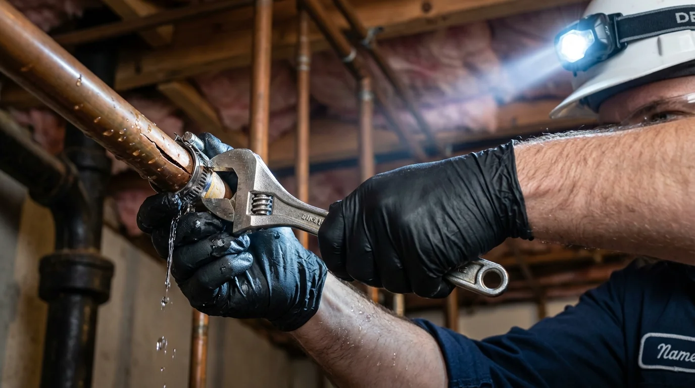Emergency pipe clamp repair being performed by a Johns Plumbing LLC plumber in Granite City