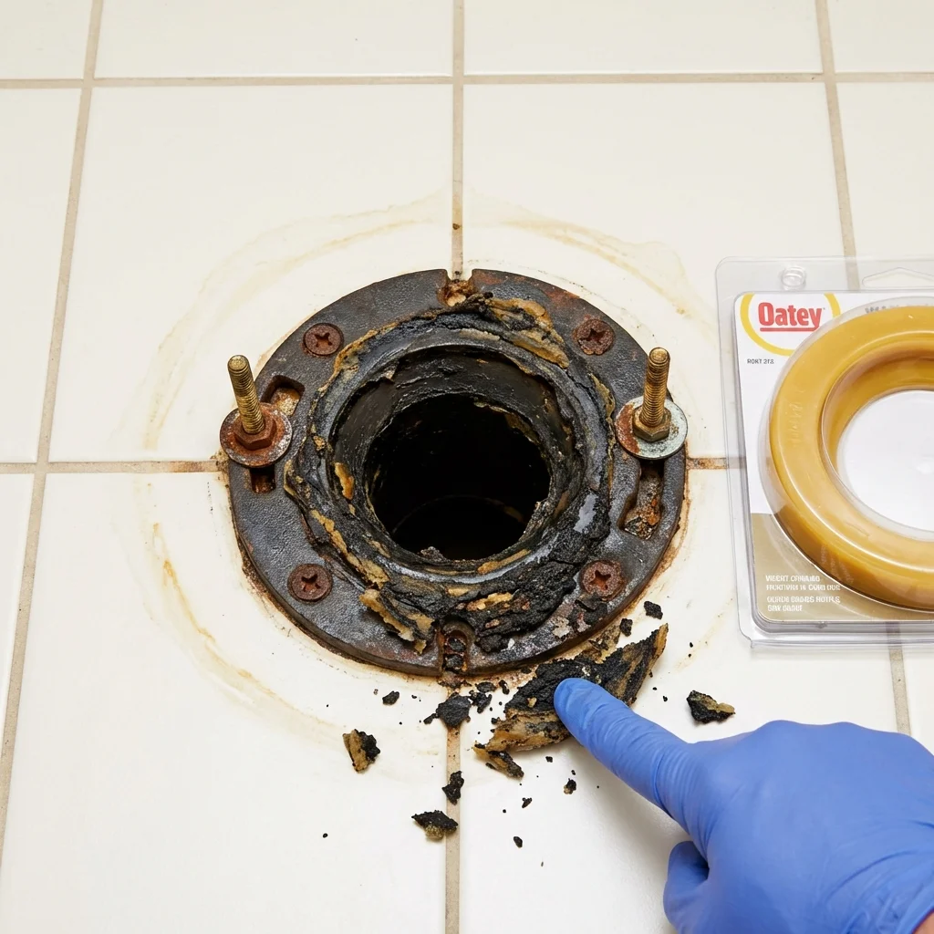 Failed wax ring showing water seepage at the base of a toilet in a Granite City, IL home