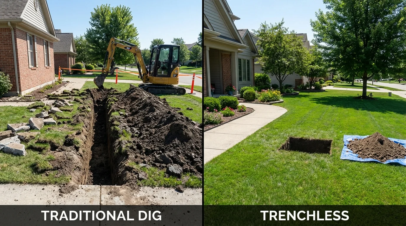 Trenchless sewer repair with minimal yard damage versus traditional excavation in Granite City, IL