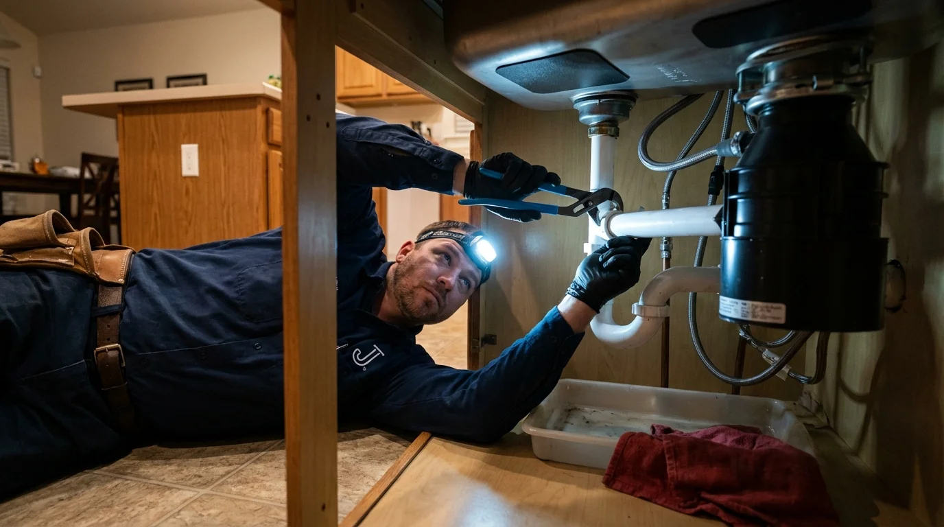 P-trap and supply line connections under a kitchen sink showing a common leak point in Granite City, IL